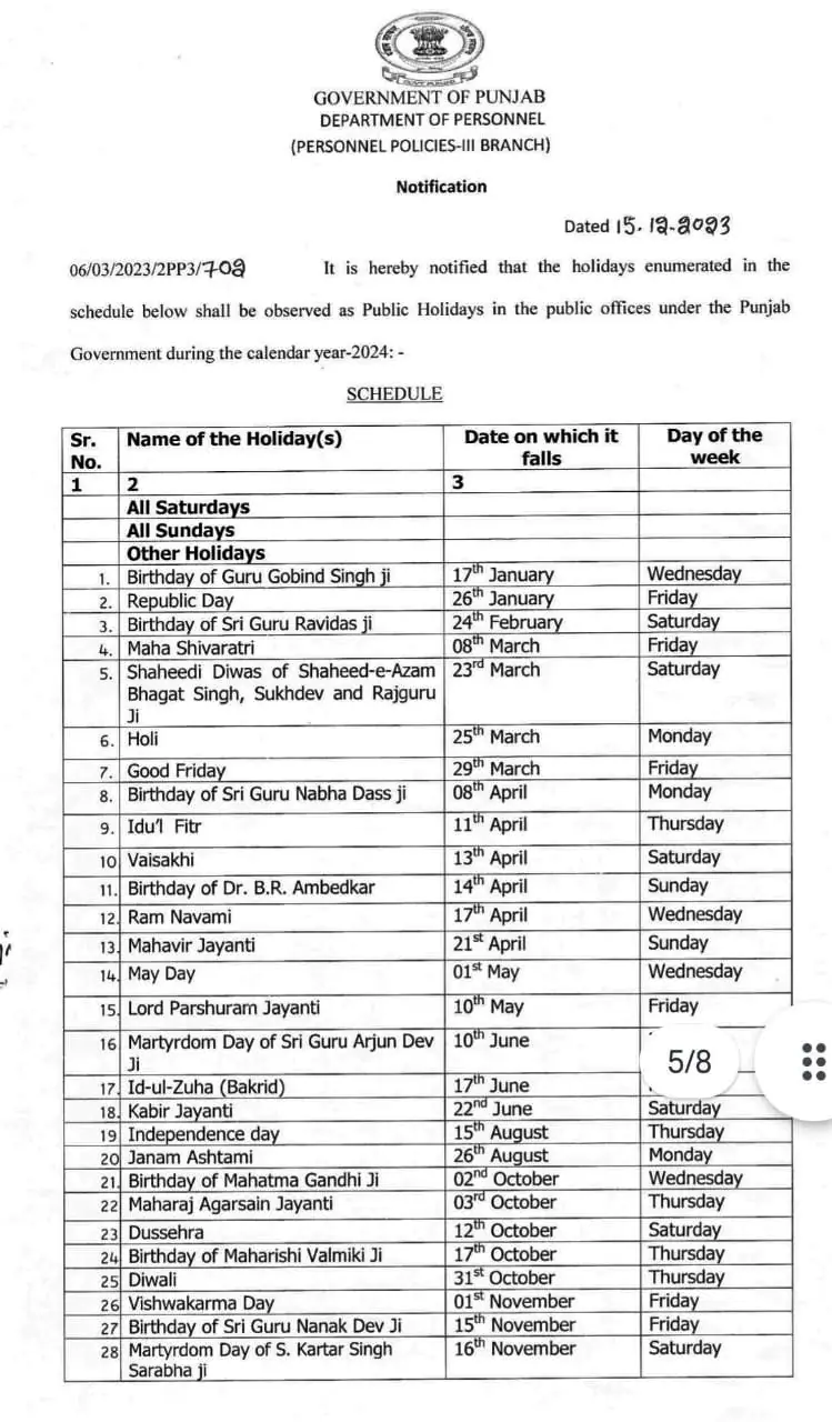 Punjab Government List Holidays List 2024