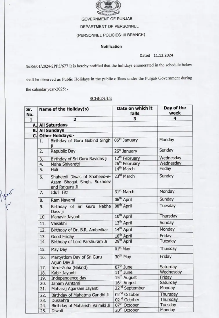punjab-government-gazetted-restricted-holidays-list-2025